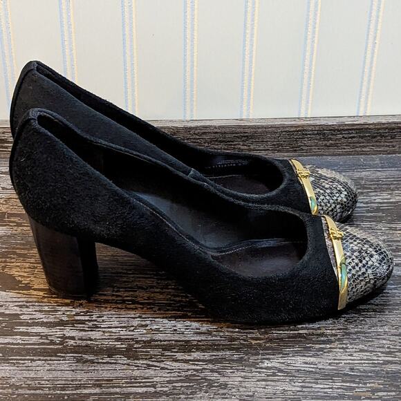 Tory Burch Black Suede Snakeskin Cap Pacey Block Heels Size 10.5 - Picture 4 of 5